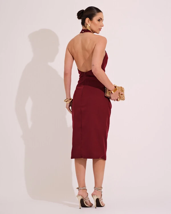 Vestido Midi Alfaiataria Frente Única com Detalhe Marsala