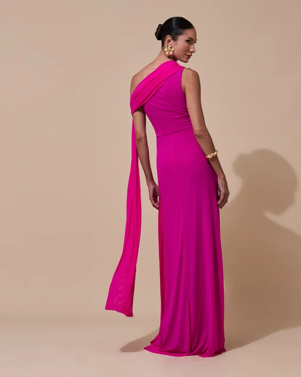 Vestido de Festa Longo Um Ombro Só Tule Faixa Drapeada Lenço Pink