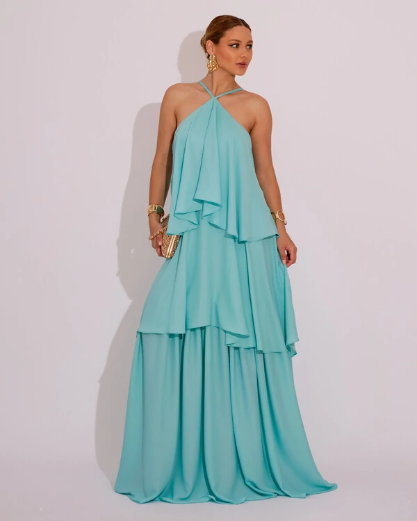 Vestido Longo Babado em Camadas Tiffany