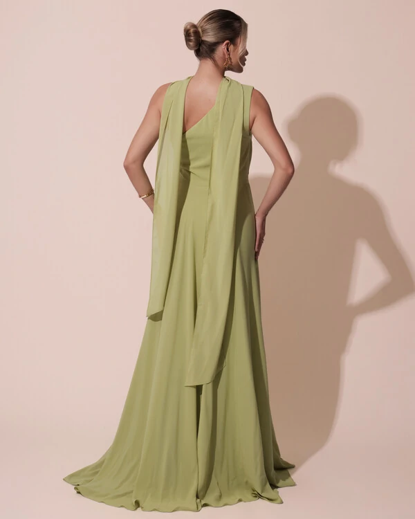 Vestido de Festa Longo Crepe Chiffon Um Ombro Só Drapeado com Lenço Verde Garden