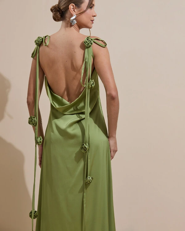 Vestido de Festa Longo Decote Degagê Costas Cetim Flores 3D Alças Verde Pistache
