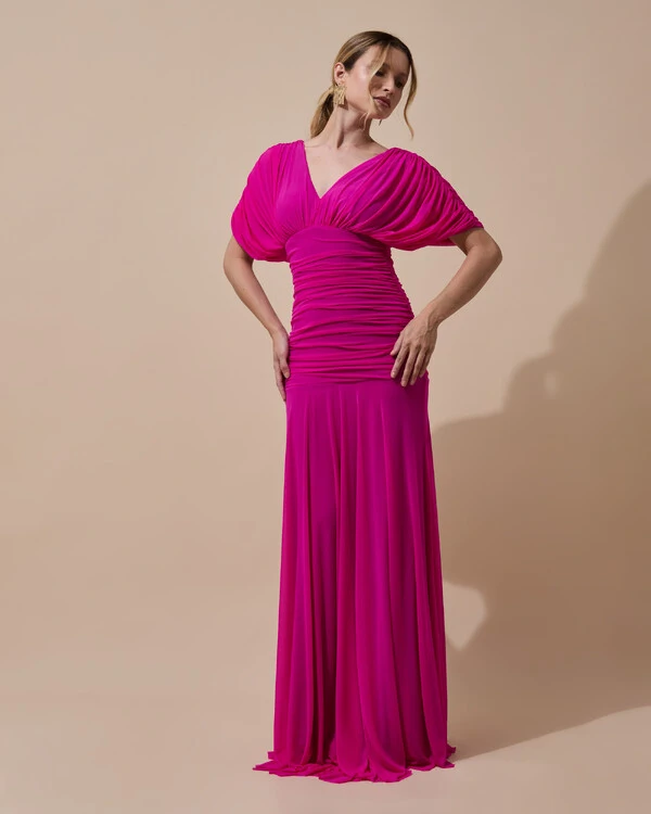 Vestido de Festa Longo Tule Manga Curta Drapeado Pink New