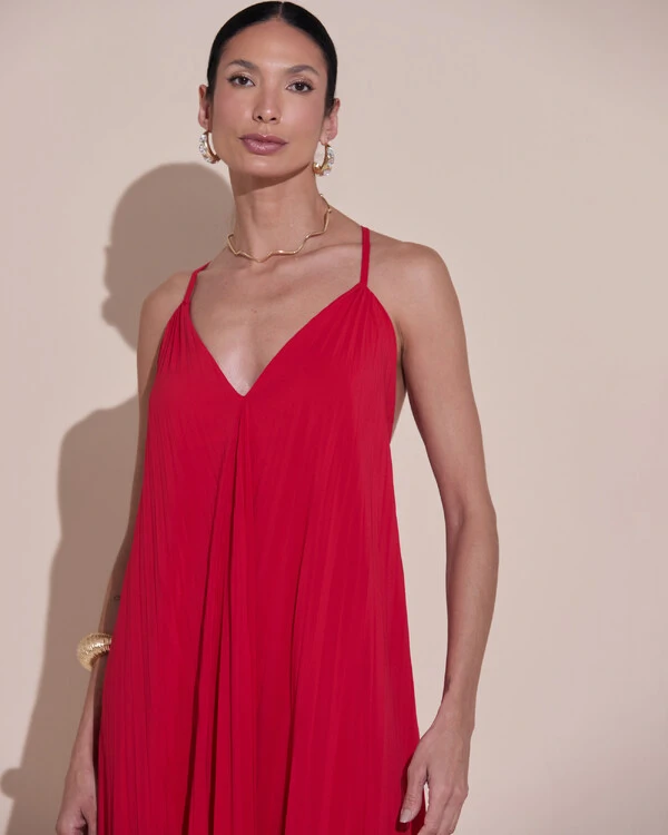 Vestido de Festa Longo Plissado Crepe Chiffon Decote V Alças Finas Vermelho