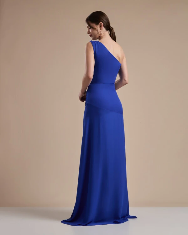 Vestido de Festa Longo Crepe Chiffon Um Ombro Só Drapeado com Babado Cascata Azul Royal