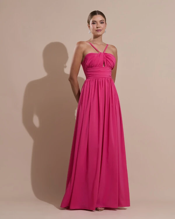 Vestido de Festa Longo Crepe Chiffon Drapeado com Alças Finas Pink New