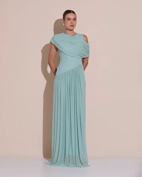 Vestido de Festa Longo Capa Drapeado Tule Saia Fluida Verde Menta