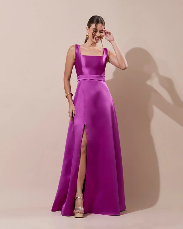 Vestido de Festa Longo Zibeline com Fenda e Faixa Fúcsia