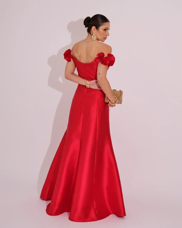 Vestido Longo de Festa Zibeline Ombro a Ombro com Flores e Fenda Vermelho