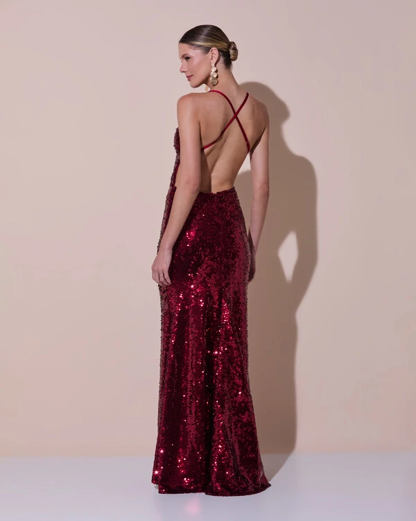 Vestido de Festa Longo Decote V Paetê Alças Finas Saia Sereia Marsala