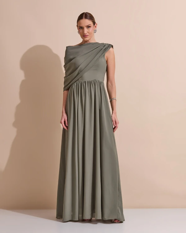 Vestido de Festa Longo Um Ombro Só Crepe Chiffon Capa Drapeado Verde Oliva