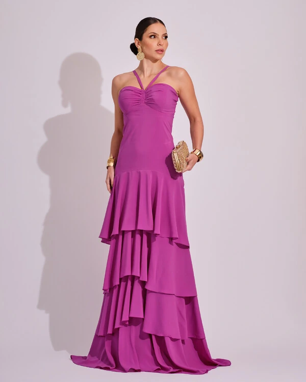 Vestido Longo Frente Única em Crepe com Babados e Camadas Fúcsia