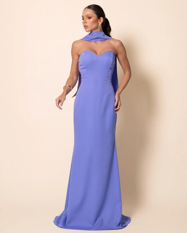 Vestido de Festa Longo Alfaiataria Tomara que Caia Saia Sereia com Lenço Lilás New