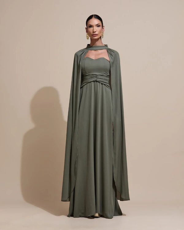 Vestido de Festa Longo Tomara Que Caia Crepe Chiffon Drapeado Capa Verde Oliva
