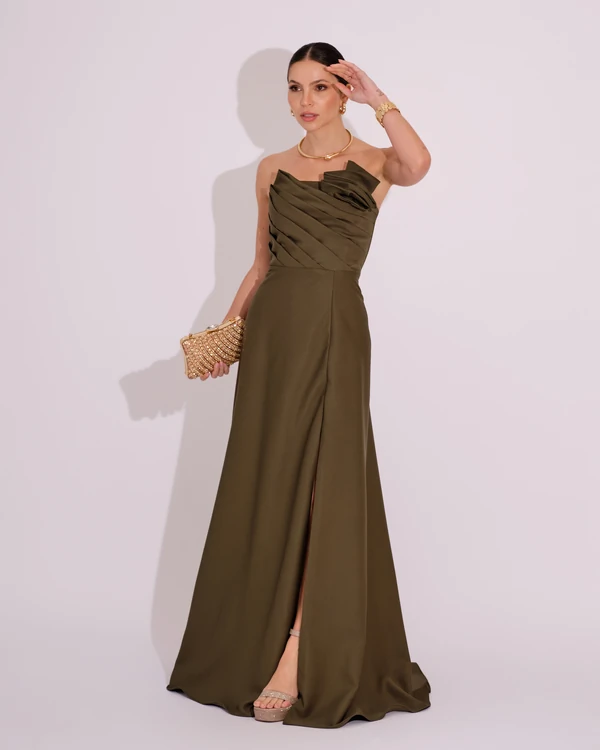 Vestido de Festa Longo Alfaiataria Tomara que Caia com Fenda Detalhe Verde Oliva