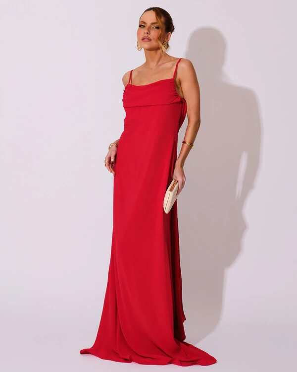 Vestido de Festa Longo Crepe Chiffon Costas Lenço Cauda Vermelho