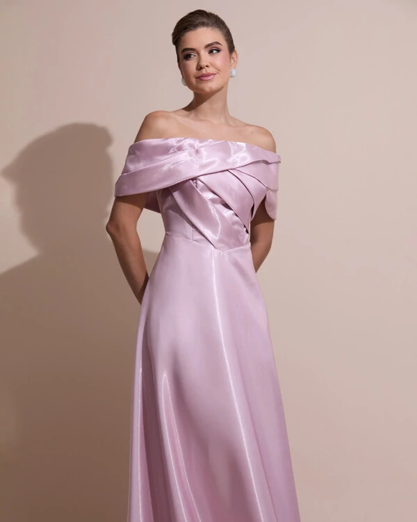 Vestido de Festa Longo Cetim Cristal Ombro a Ombro Drapeado Rosa