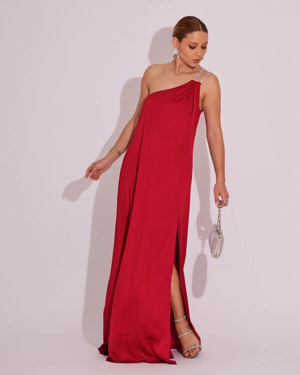 Vestido de Festa Longo Cetim Um Ombro Só Marsala