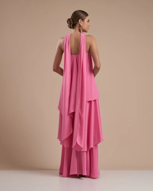 Vestido de Festa Longo Chiffon Crepe em Camadas com Lenço Rosa