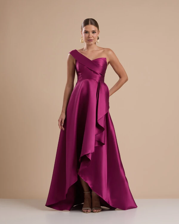 Vestido de Festa Longo Zibeline um Ombro Só Mullet Fúcsia Beterraba