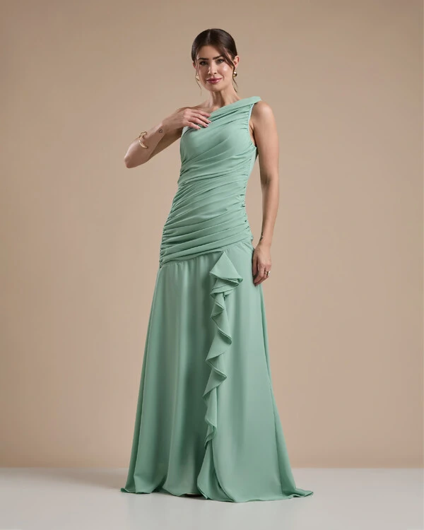 Vestido de Festa Longo Crepe Chiffon Um Ombro Só Drapeado com Babado Verde Menta