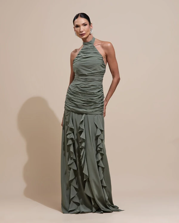 Vestido de Festa Longo Frente Única Crepe Chiffon Drapeado Babados Cascata Verde Oliva