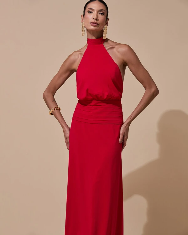 Vestido de Festa Longo Frente Única Busto Blousê Crepe Chiffon Drapeado Vermelho