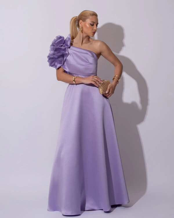 Vestido de Festa Longo Zibeline um Ombro Só Flor Drapeado Lilás