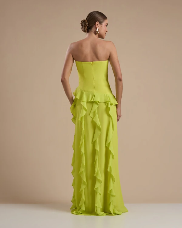 Vestido de festa Longo Tomara que Caia Crepe Chiffon com Bababos Cascata e Fenda Verde Lima