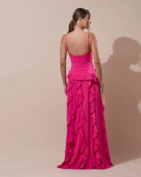 Vestido de Festa Longo Decote V Crepe Chiffon Babados Cascata e Fenda Pink New
