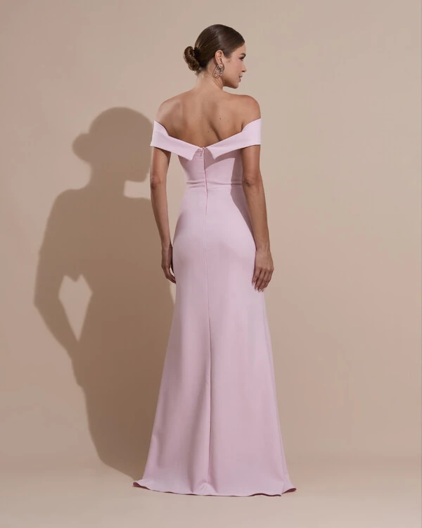 Vestido de Festa Longo Alfaiataria Ombro a Ombro com Fenda Rosa Claro