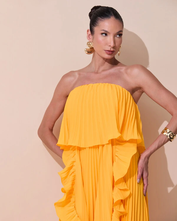 Vestido de Festa Longo Crepe Chiffon Tomara que Caia Plissado com Babado Cascata Laranja Manga New