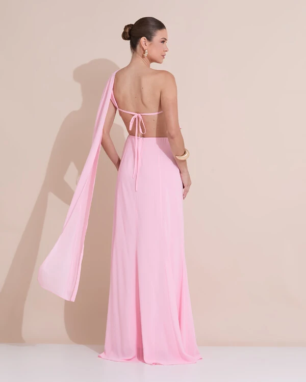 Vestido de Festa Longo Um Ombro Só Crepe Chiffon Lenço Rosa Claro