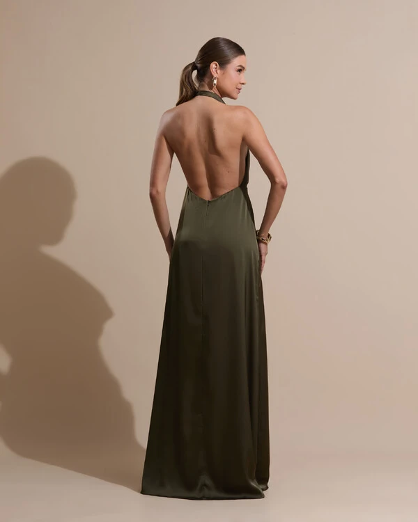 Vestido de Festa Longo Frente Única Degagê Cetim Fluido Verde Oliva