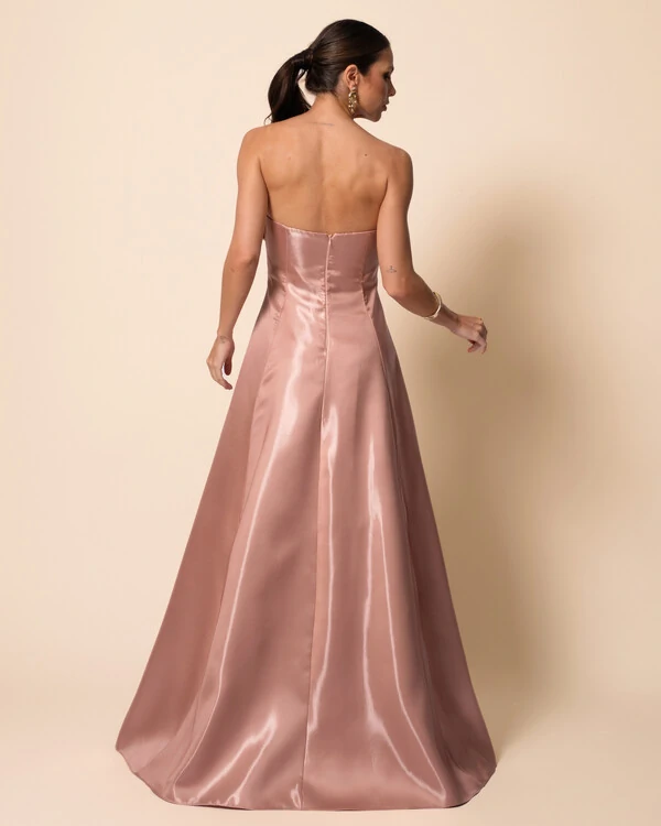 Vestido de Festa Longo Cetim Cristal Tomara que Caia com Flor 3D Mocha Mousse