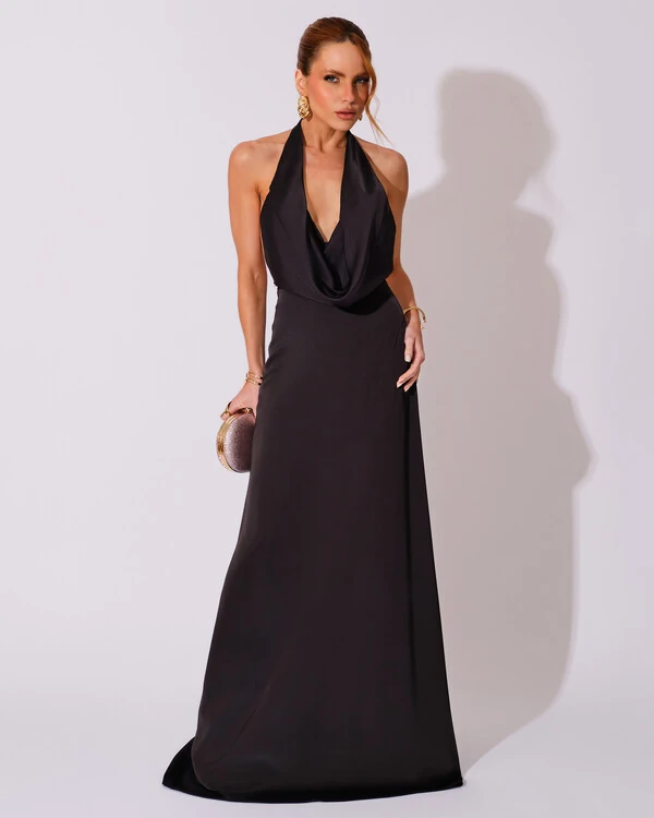 Vestido de Festa Longo Frente Única Degagê Cetim Fluido Preto