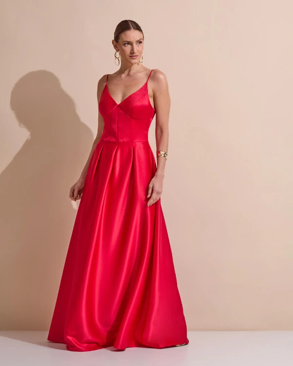 Vestido de Festa Longo Alça Fina Decote V Cetim Saia Evasê Vermelho