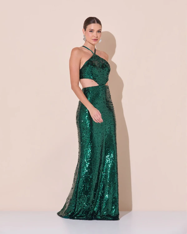 Vestido de Festa Longo Frente Única Paetê Recortes Costas Trançada Verde Escuro