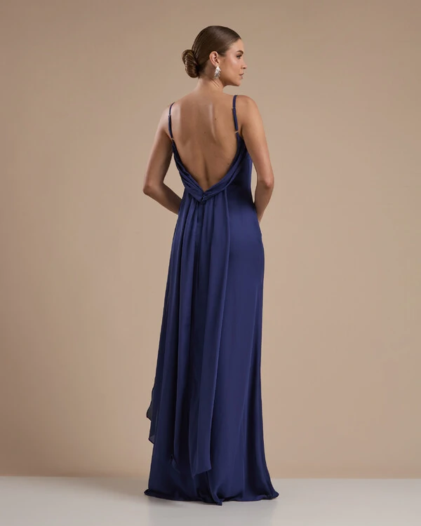Vestido de Festa Longo Crepe Chiffon Costas Lenço Cauda Azul Marinho
