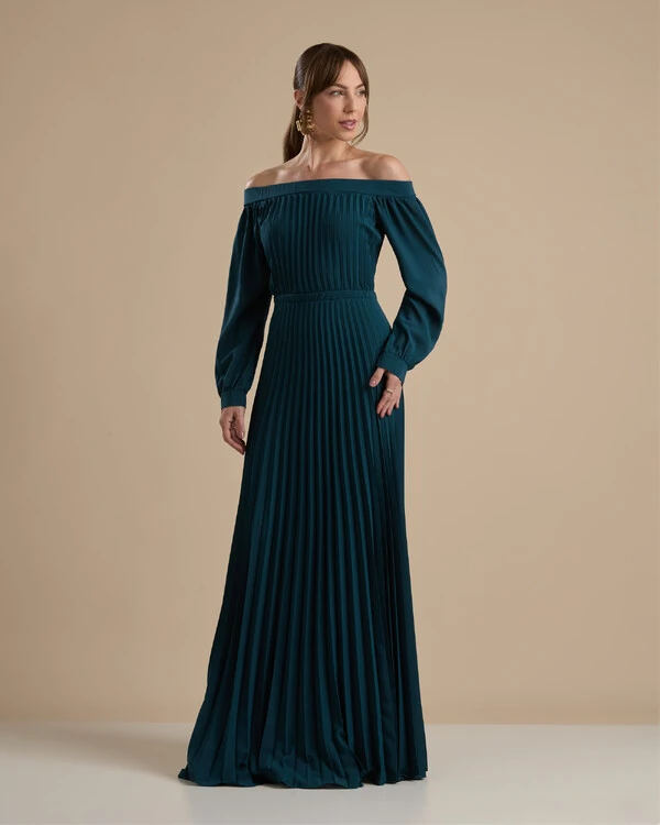 Vestido de Festa Longo Crepe Chiffon Plissado Ombro a Ombro Verde Escuro
