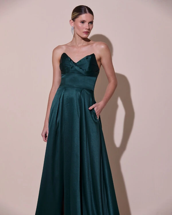 Vestido de Festa Longo Tomara que Caia Cetim Decote Coração Fenda Verde Escuro