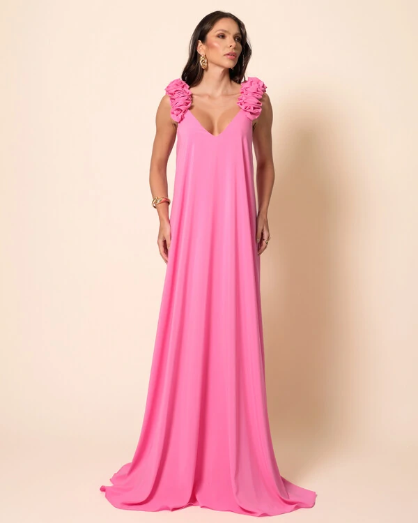 Vestido de Festa Longo Crepe Chiffon Fluido Decote em V Flores Rosa