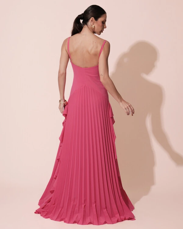 Vestido de Festa Longo Crepe Chiffon Alça Fina Saia Plissada com Babado Cascata Pink