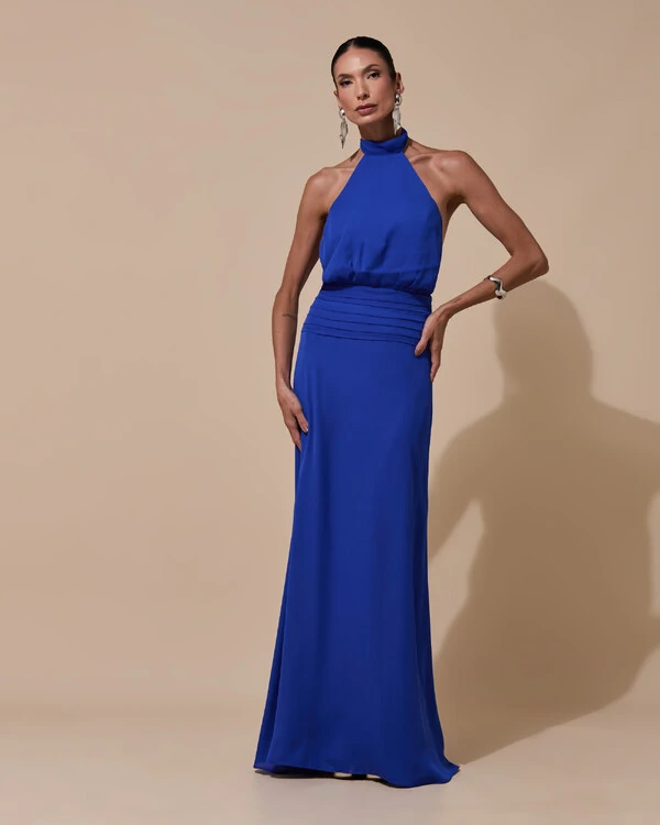 Vestido de Festa Longo Frente Única Busto Blousê Crepe Chiffon Drapeado Azul Royal
