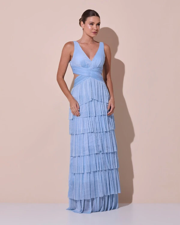 Vestido De Festa Longo Decote V Tule Brilho Recortes Camadas Serenity
