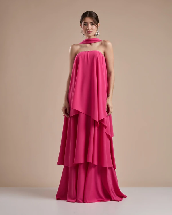 Vestido de Festa Longo Chiffon Crepe em Camadas com Lenço Pink New