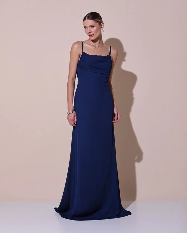 Vestido de Festa Longo Crepe Chiffon Costas Lenço Cauda Azul Marinho New
