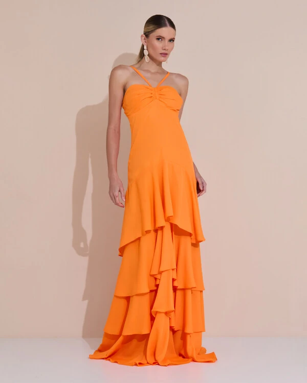 Vestido Longo Crepe com Babado em Camadas Laranja