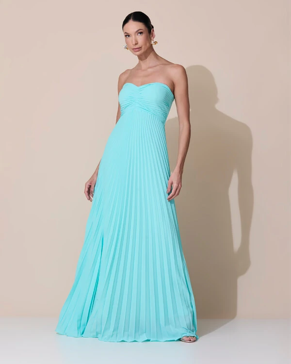 Vestido de Festa Longo Tomara que Caia Plissado com Lenço Verde Tiffany
