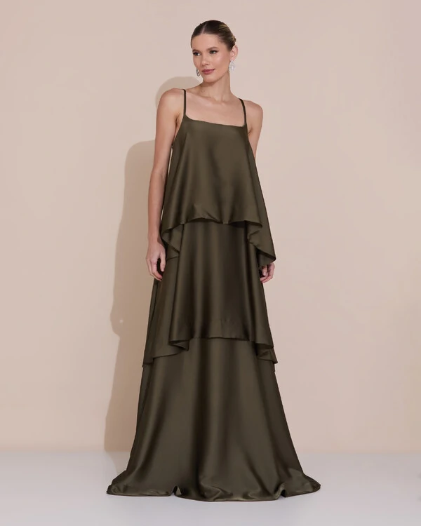 Vestido de Festa Longo Decote Reto Alças Finas Cetim Camadas Verde Oliva