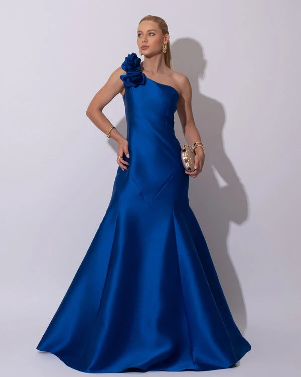 Vestido de Festa Longo Zibeline um Ombro Só Flor Removível Saia Sereia Azul Royal